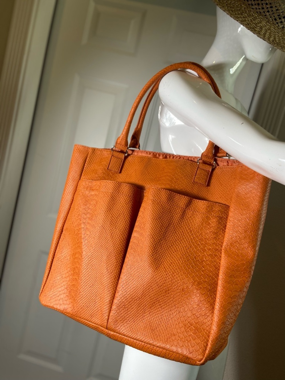 Neiman Marcus~Embossed~Orange~Faux Leather~Snakeskin Print~Tote Shoulder Bag